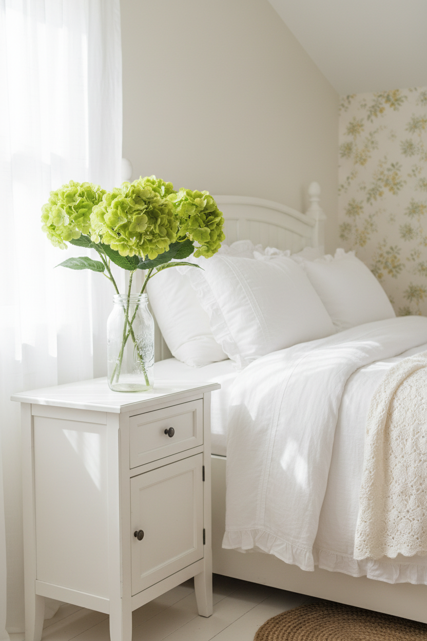 Apple green hydrangea in vintage glass jar on white nightstand with bright cottagecore decor