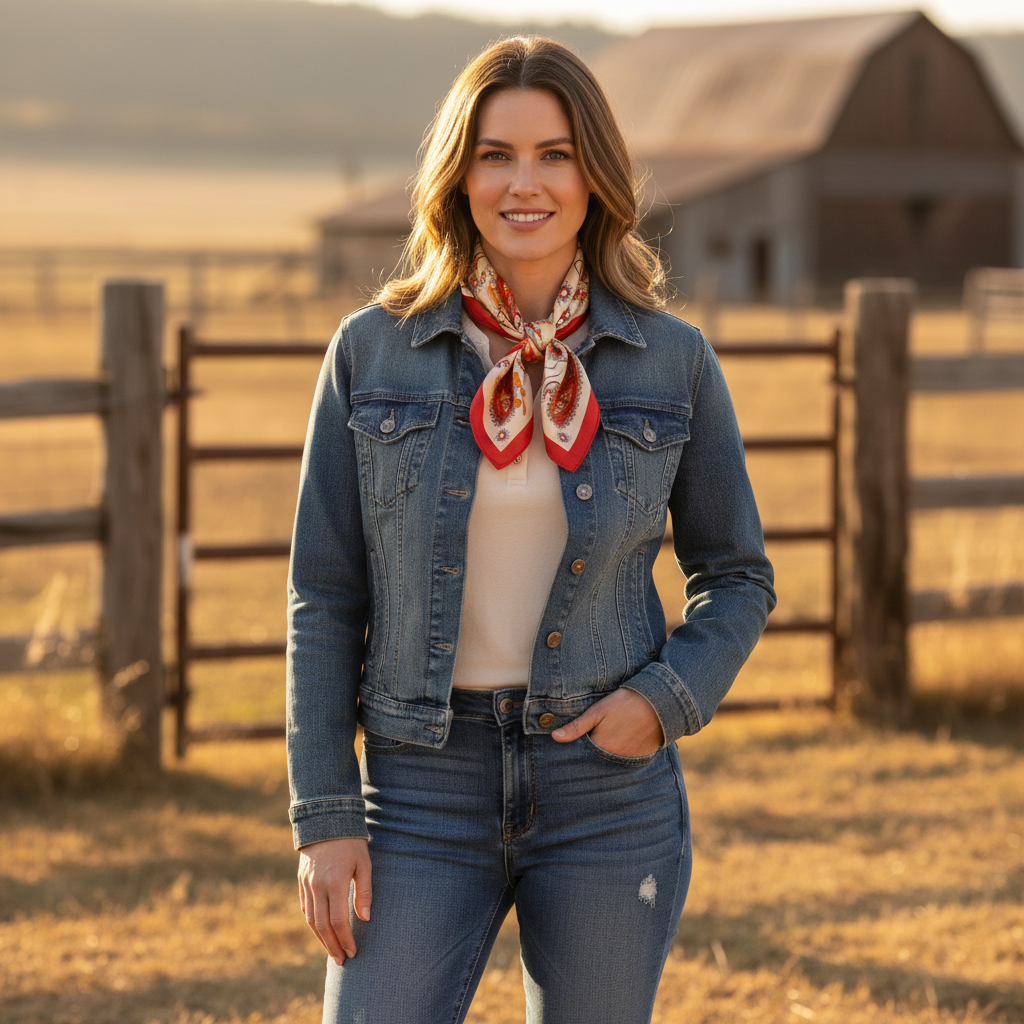 Woman in western country outfit wearing red paisley satin square scarf tied at neck with denim jacket and boots at ranch setting