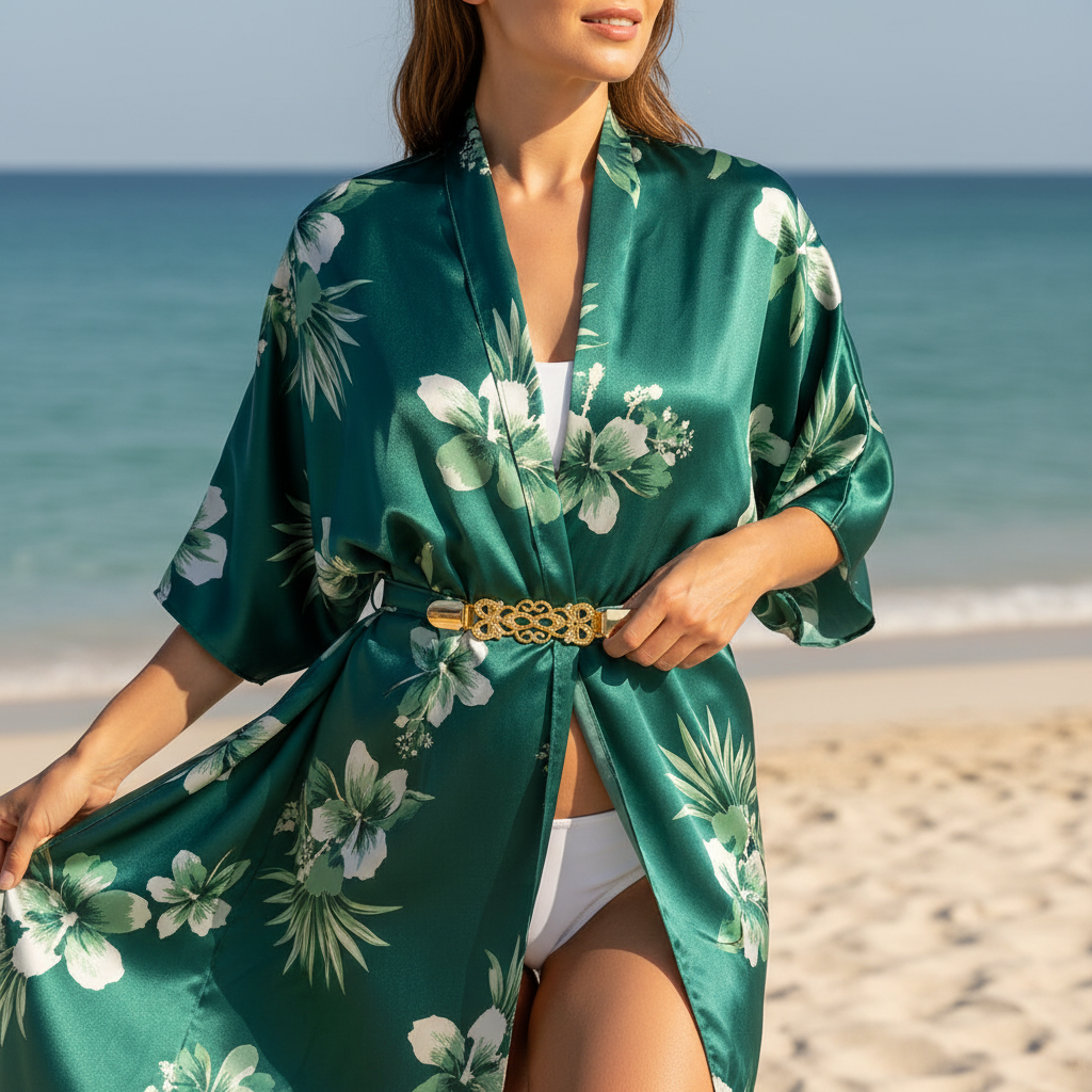 Gold sweater clip holding green floral satin scarf as beach cover-up, luxury resort style