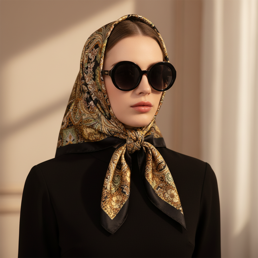 Woman wearing black, gold, and sage green paisley floral satin square scarf as a headscarf with oversized sunglasses – Vintage Glamour style