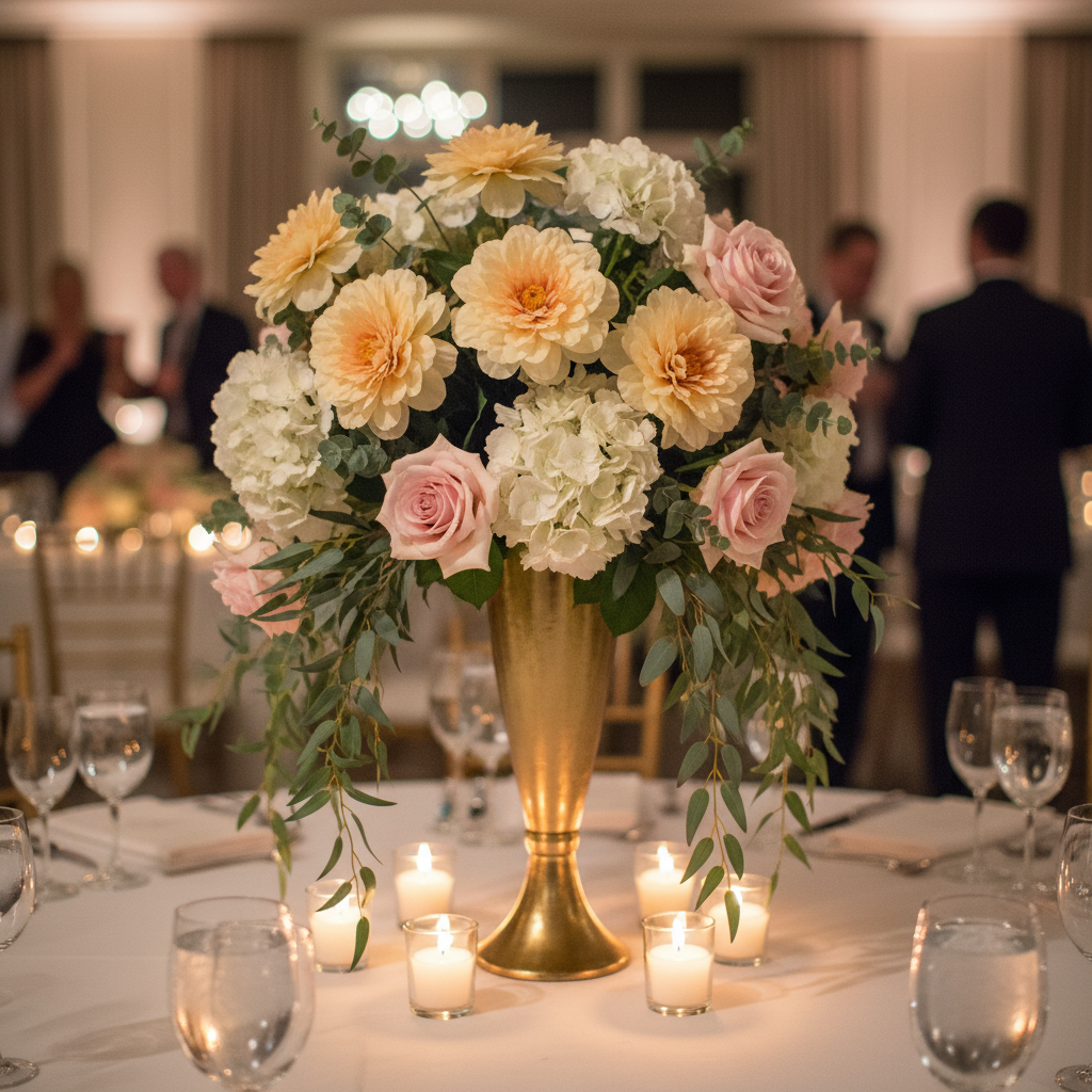 Soft peach artificial peony blooms in elegant wedding centerpiece with blush roses hydrangeas and eucalyptus in gold vase