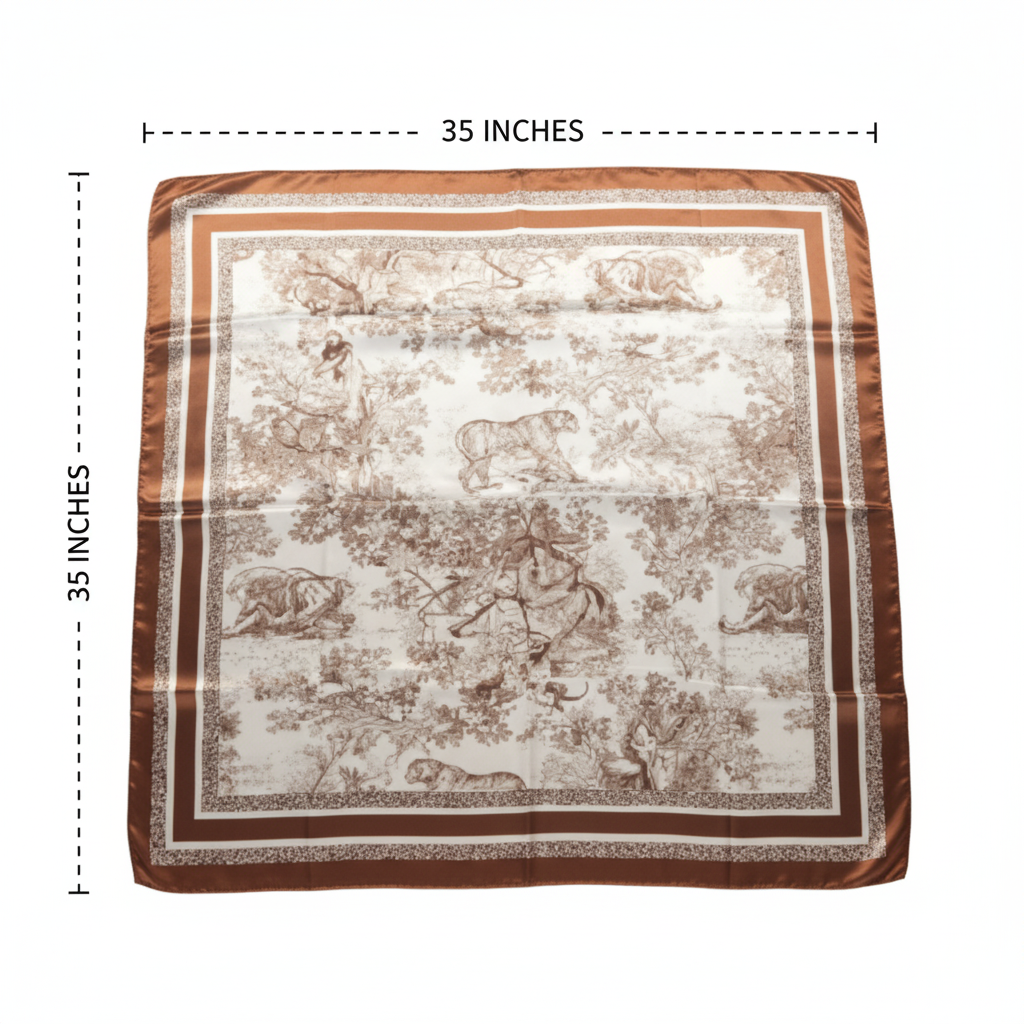 Brown beige jungle safari animal wildlife print square scarf measurement diagram showing 35 inches by 35 inches dimensions flat lay white background