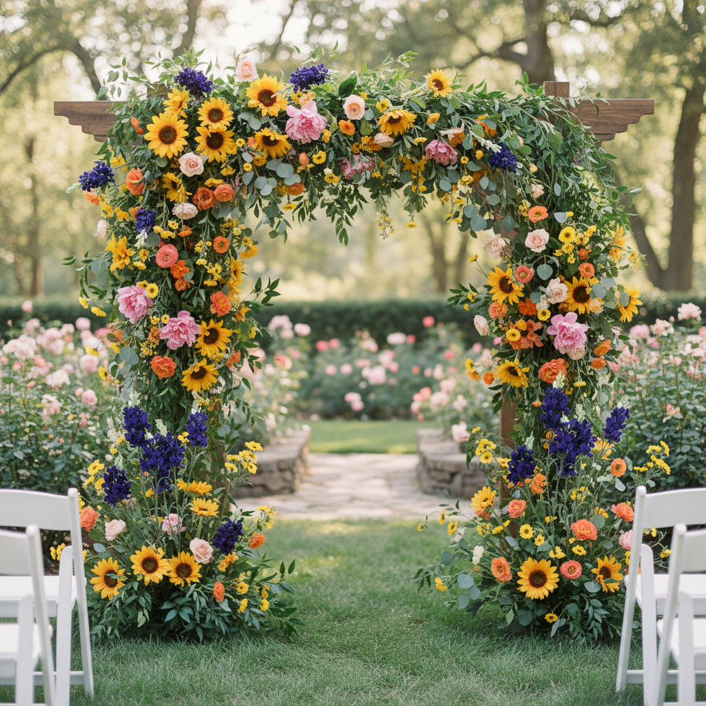 Outdoor garden wedding arch decorated with artificial purple delphinium stems sunflowers orange ranunculus pink peonies and wildflowers