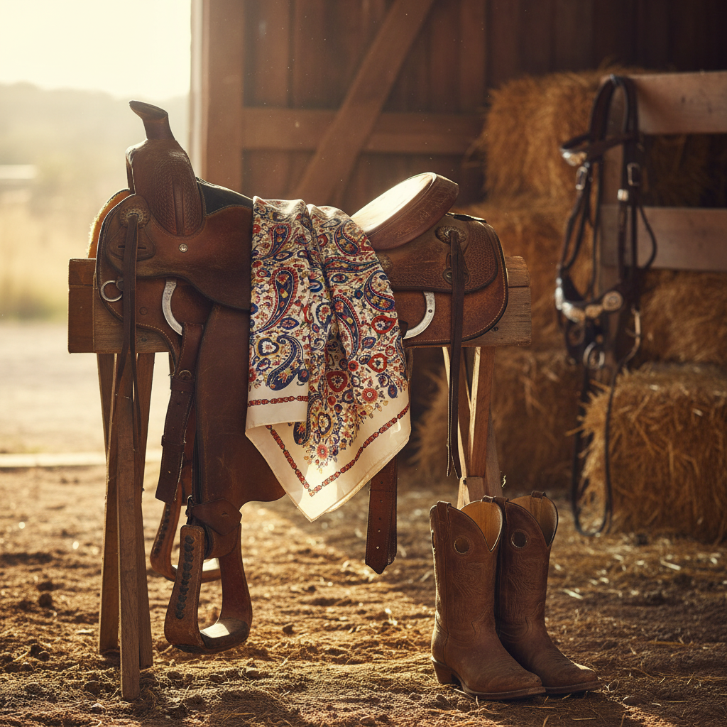 Cream ivory paisley floral satin wild rag scarf draped over a western saddle in a ranch setting