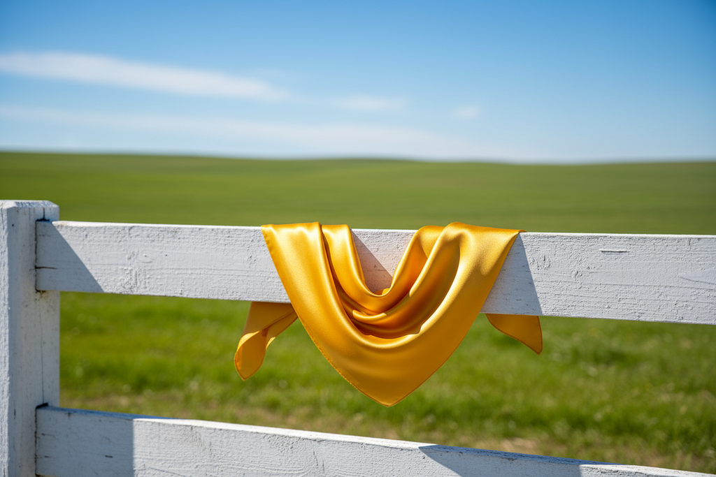 Bright gold wild rag draped on white fence with green grass and blue sky