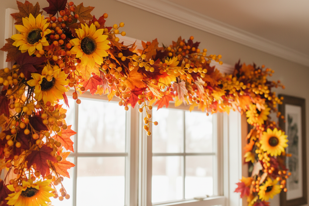 Fall garland with autumn leaves, sunflowers, and orange yellow faux berry stems draped across the top of a farmhouse window