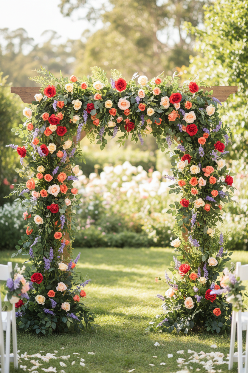 Outdoor garden wedding arch decorated with faux red roses mixed with coral, peach, yellow and lavender roses and green leaves