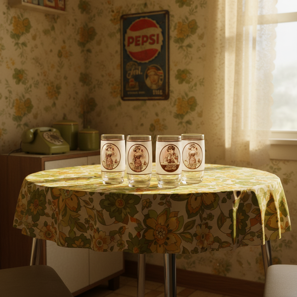 Vintage Pepsi-Cola frosted glass tumblers with Gibson Girl artwork arranged on a 1970s retro kitchen table with avocado green decor and warm afternoon sunlight