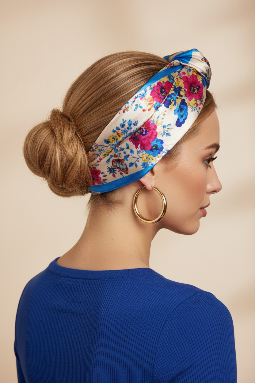 Woman with honey blonde hair in updo bun wrap with blue floral butterfly satin square scarf no bow cobalt blue top gold hoop earrings back side angle 20x20
