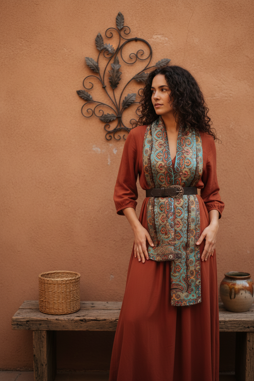 Woman with dark curly hair wearing teal rust paisley satin scarf as wide sash belt over rust maxi dress, southwestern adobe wall background