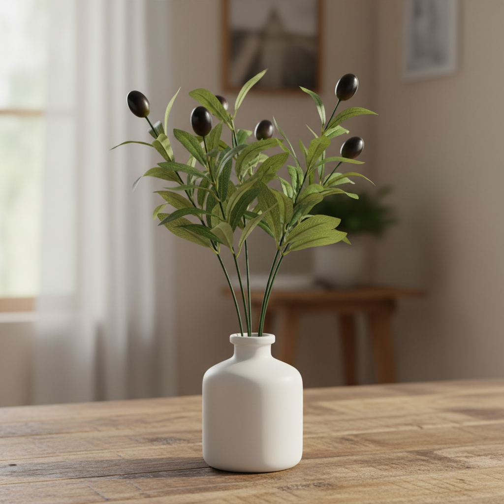 Eight short artificial olive branch stems with dark oval berries in white ceramic vase on rustic wooden table