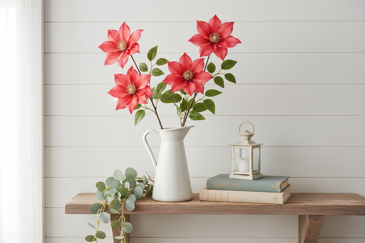 Coral red clematis faux flower stems in a white farmhouse pitcher vase on a rustic wood shelf with vintage books and greenery accents