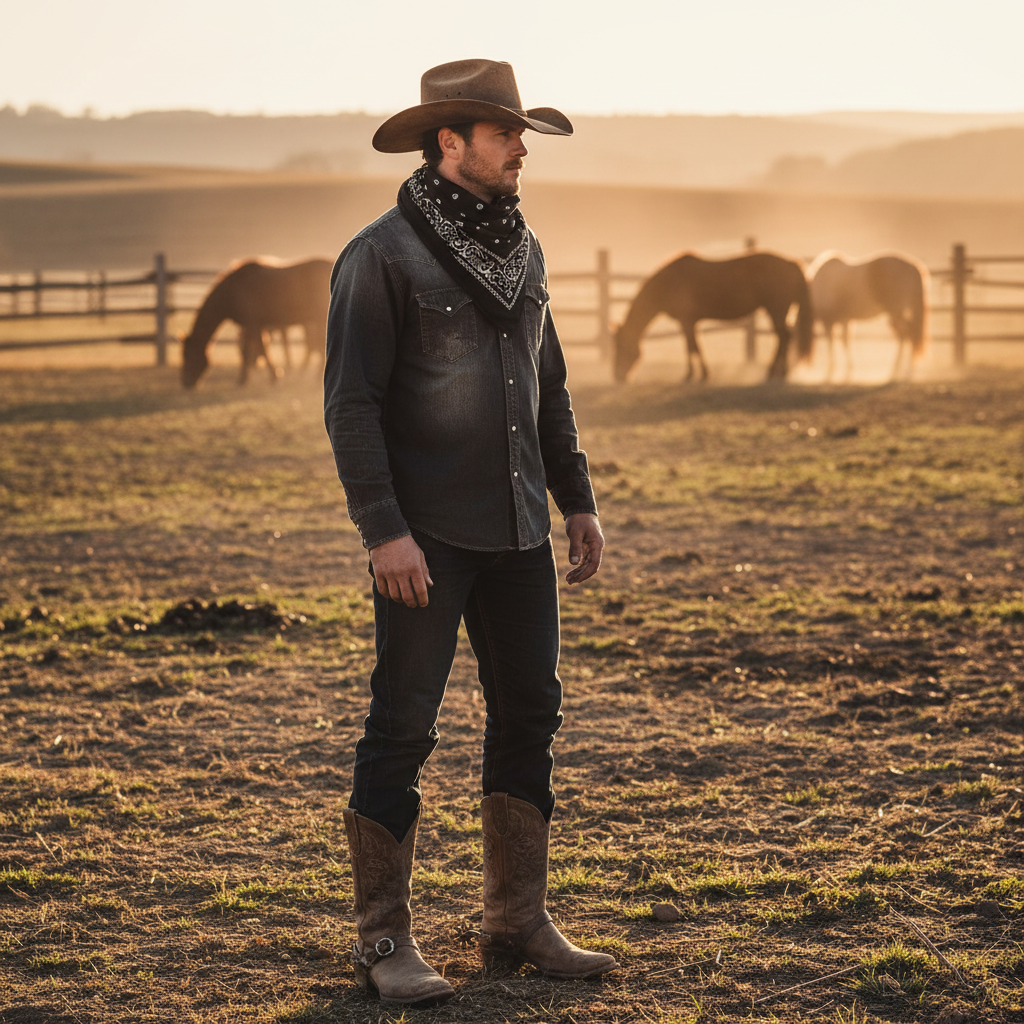 Cowboy wearing black white paisley wild rag scarf tied around neck at ranch with horses, authentic western unisex style golden hour