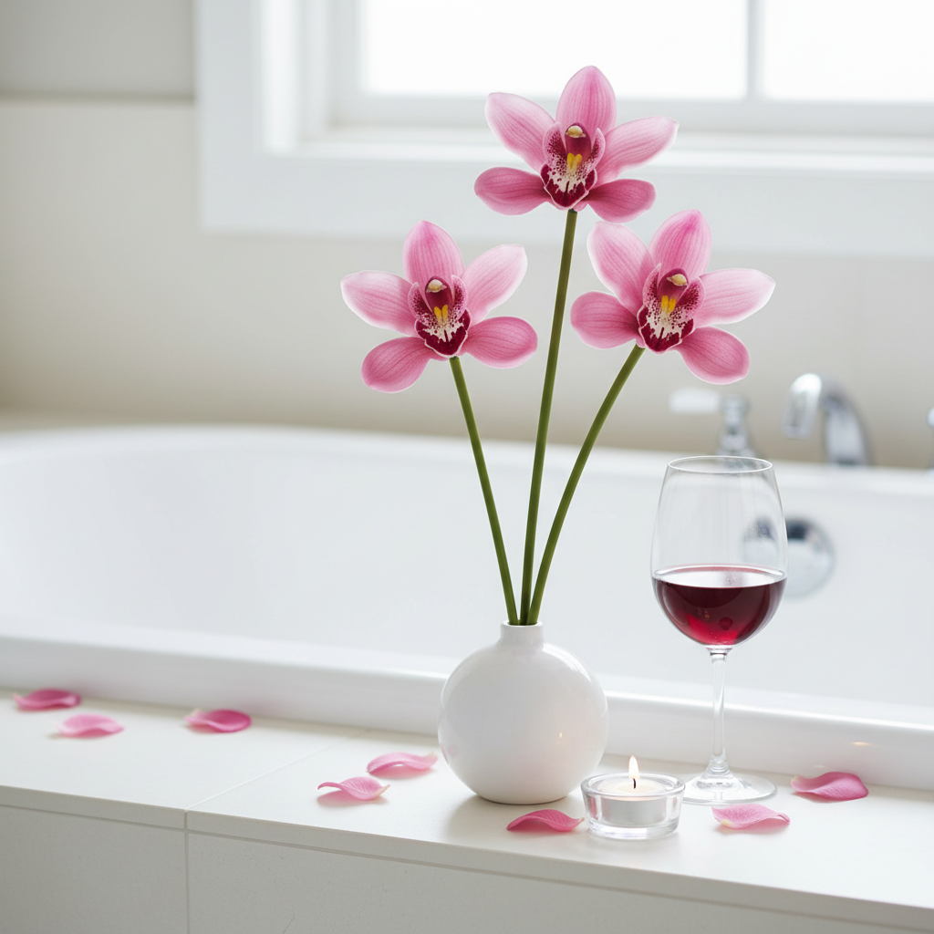 Deep hot pink Cymbidium orchid stems in a round white ceramic vase on a luxury bathtub edge with tealight candle and red wine glass, spa lifestyle setting