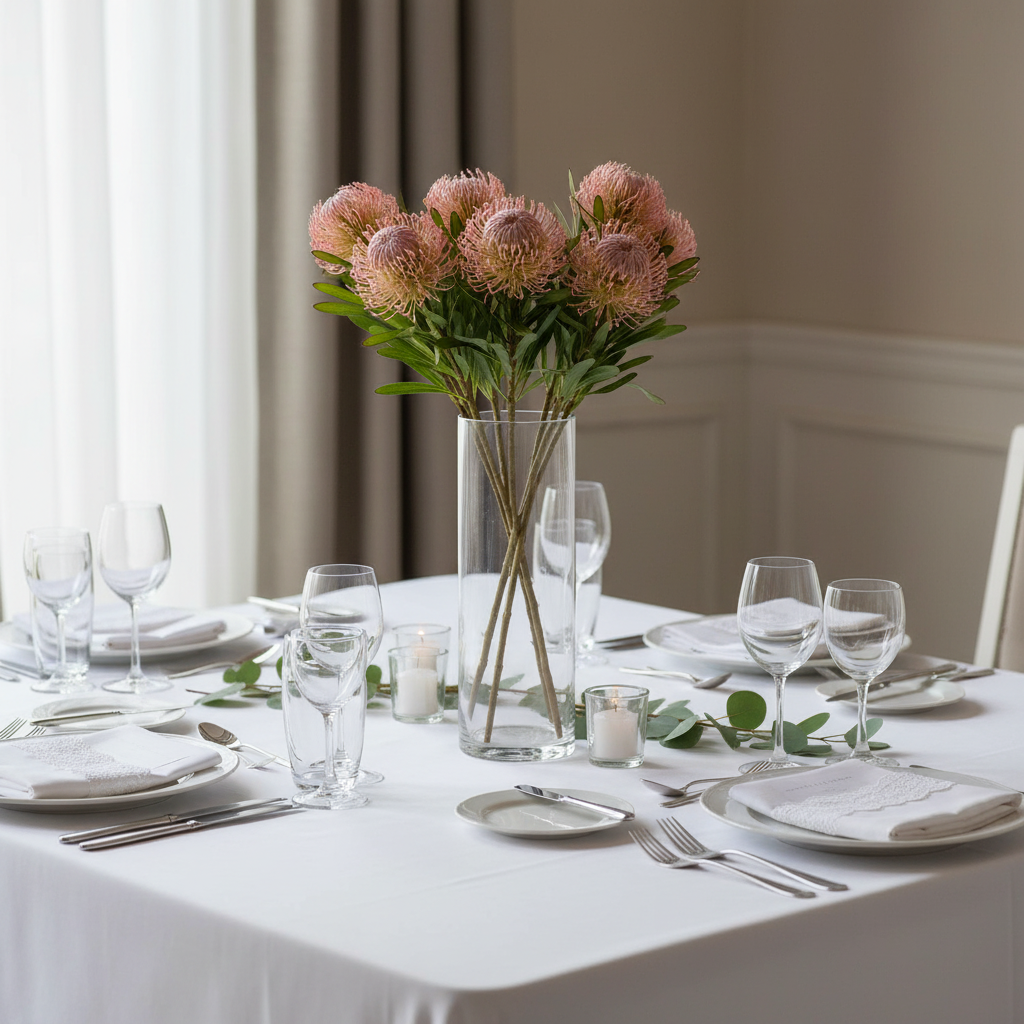 Pink blush pincushion protea stems in clear glass vase as wedding tablescape centerpiece with white linens and elegant table setting