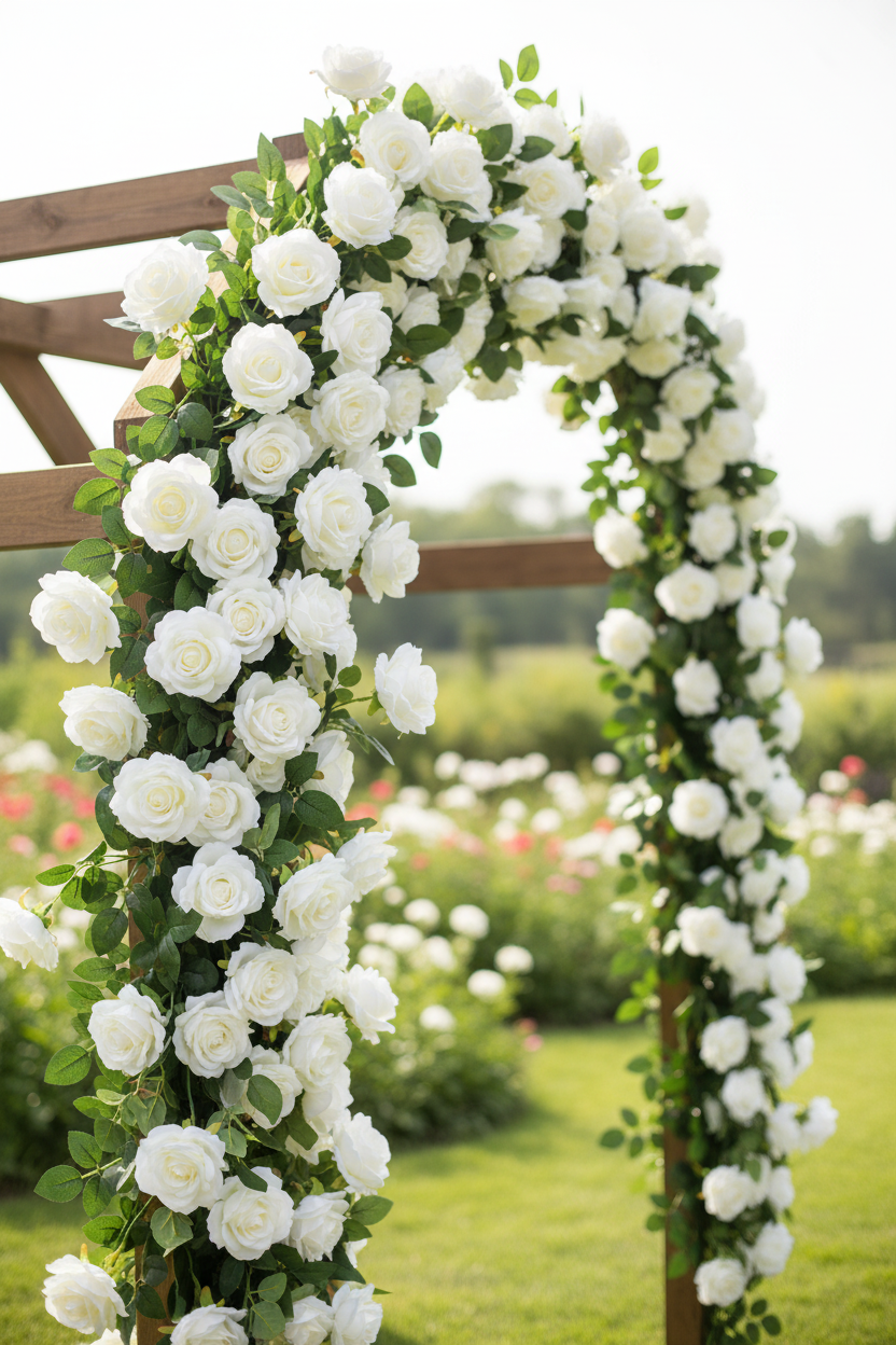 Outdoor garden wedding arch decorated with faux white rose buds and green leaves draped across the top and sides