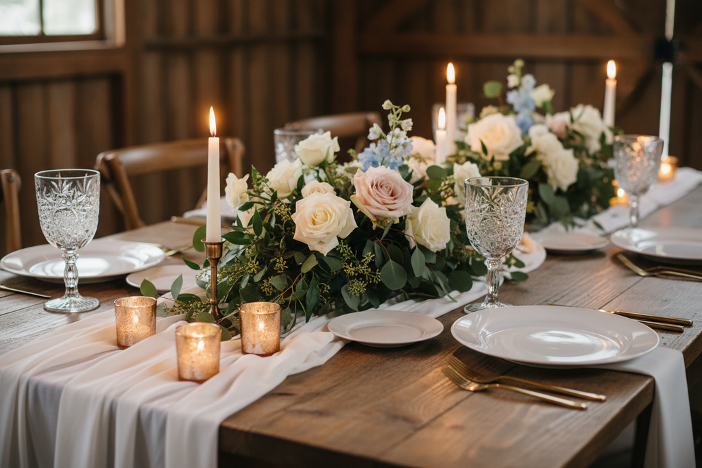 Vintage Libbey Hobstar goblets on elegant wedding tablescape with candlelight and floral centerpiece