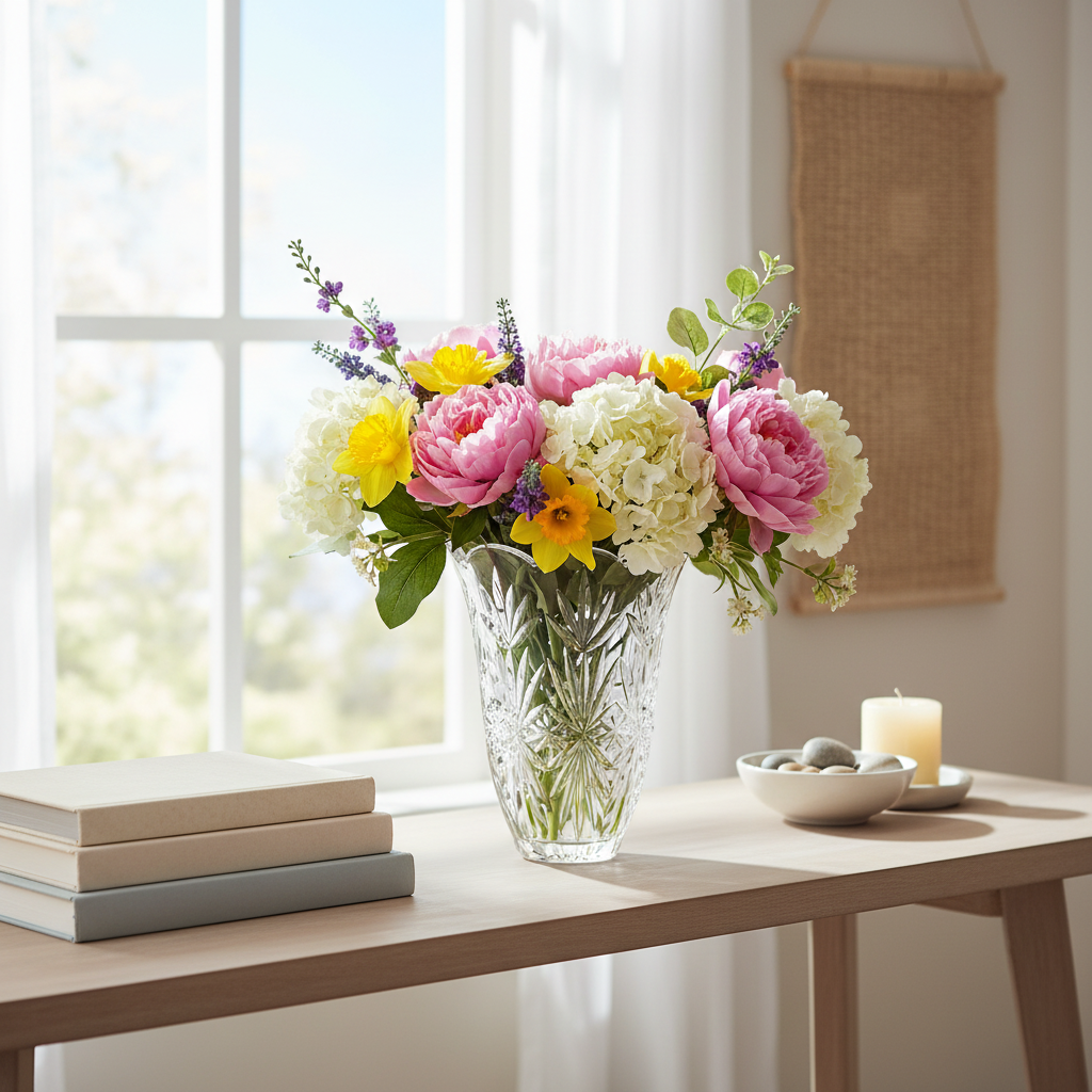 Lexington cut crystal vase with fresh garden flowers on bright console table - spring summer home decor accent piece