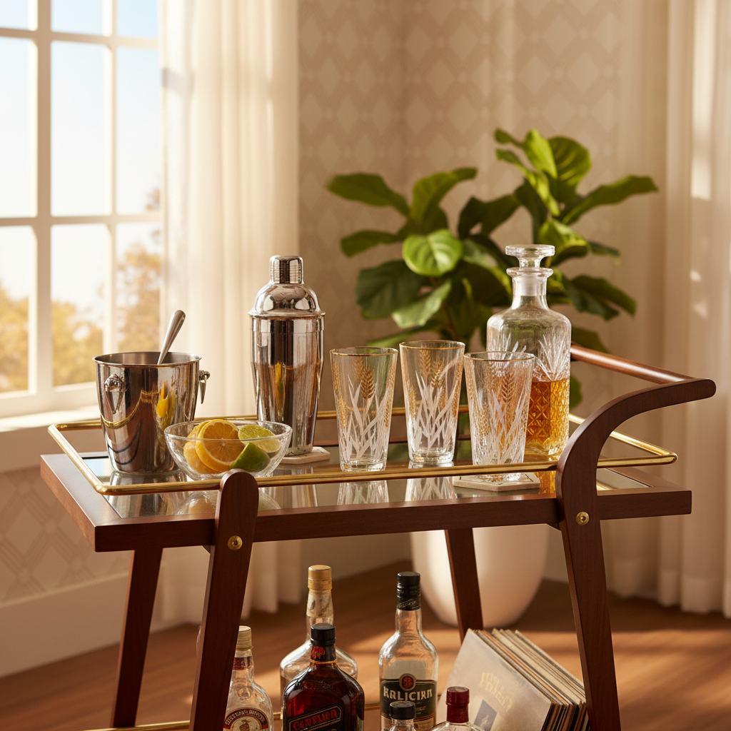 Vintage wheat pattern gold rim tumblers styled on mid century modern bar cart with cocktail shaker