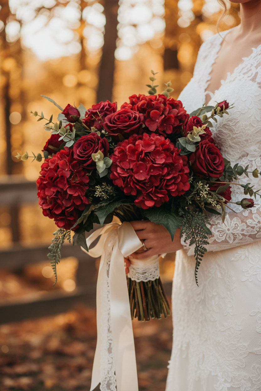 Romantic fall bridal bouquet featuring deep red hydrangeas with burgundy roses and dark greenery