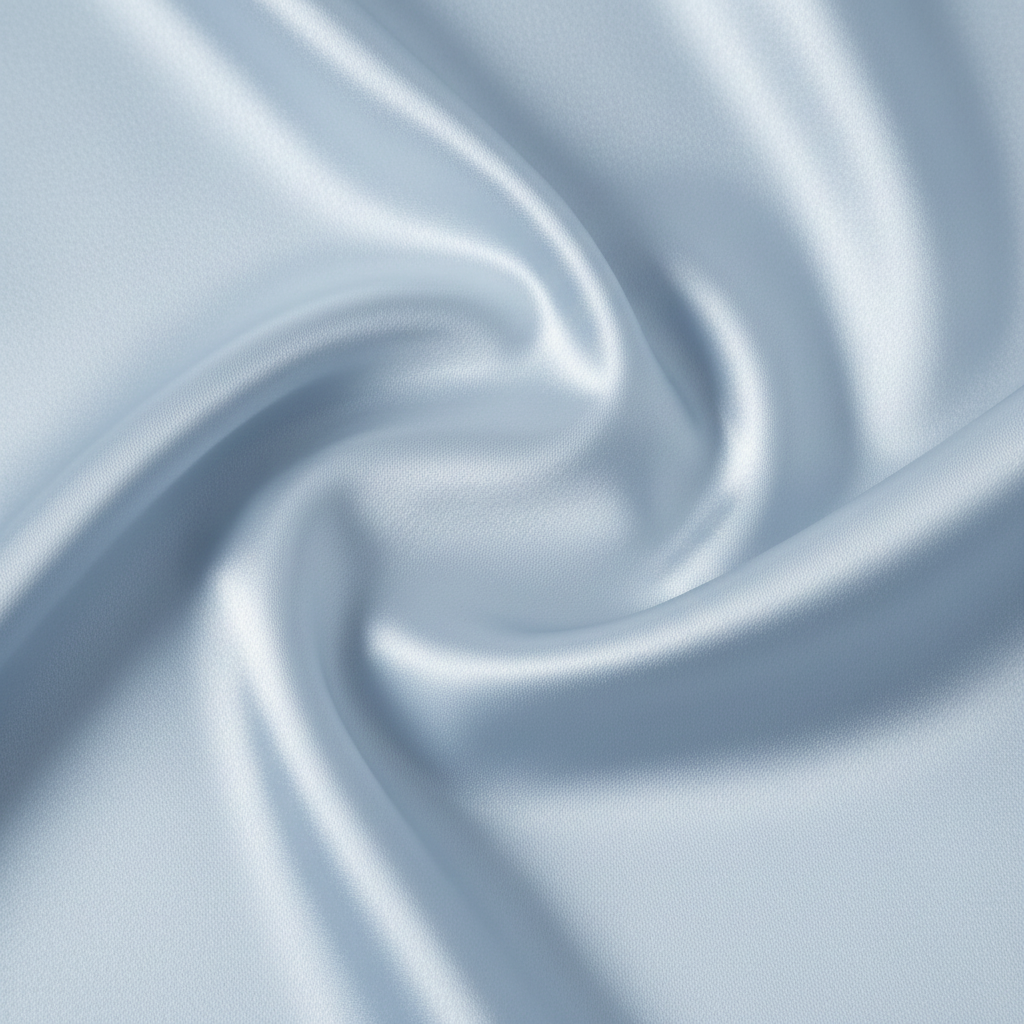 Close-up detail of light blue satin polyester fabric showing silk-like texture and pale icy blue tone