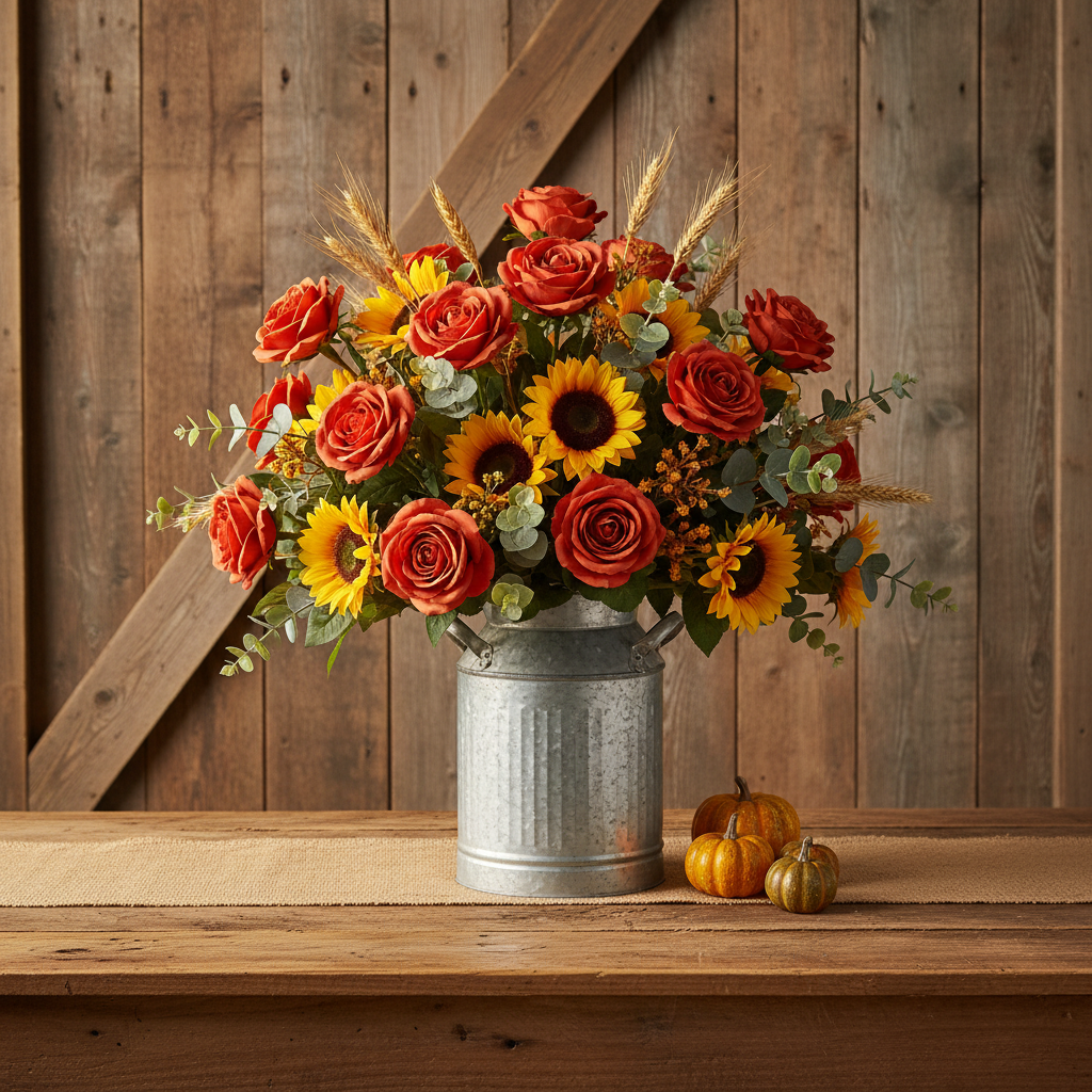Artificial terracotta burnt orange roses with sunflowers, wheat stems, and eucalyptus in a galvanized metal milk can on a weathered barn wood table with rustic plank wall background