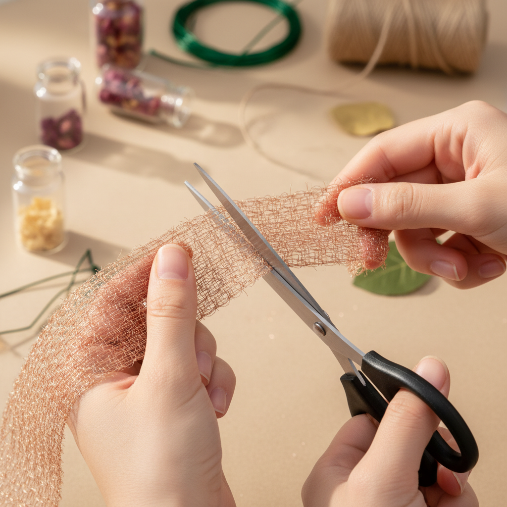 Hands cutting copper mesh ribbon with black handle scissors for craft project