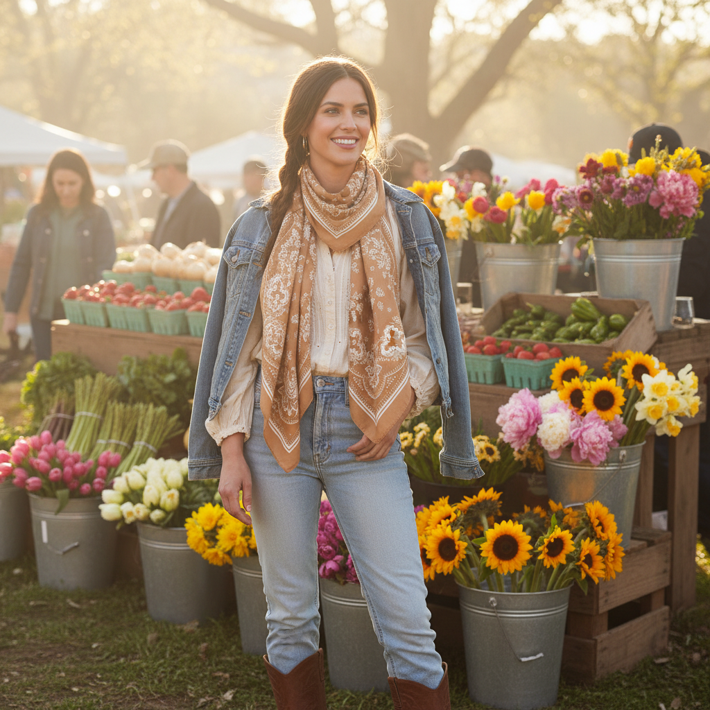 Woman wearing tan paisley wild rag scarf at spring farmers market, casual western chic outdoor style