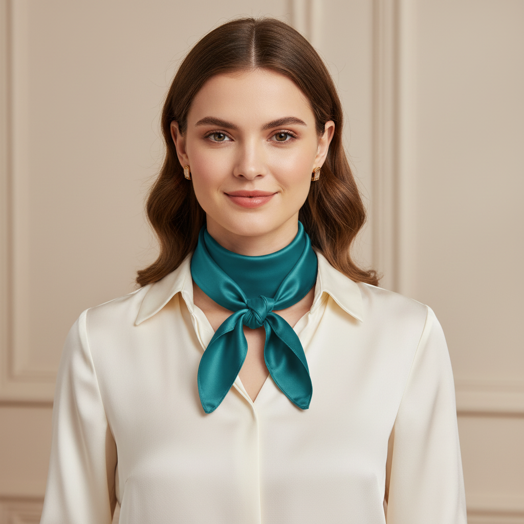 Woman wearing solid teal satin wild rag scarf tied as a classic neck scarf – elegant western and everyday styling