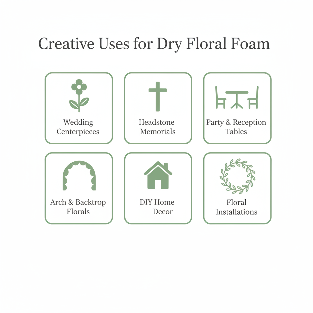 Creative uses infographic for dry floral foam block showing 6 ideas: wedding centerpieces, headstone memorials, arch florals, party tables, DIY home decor, and floral installations