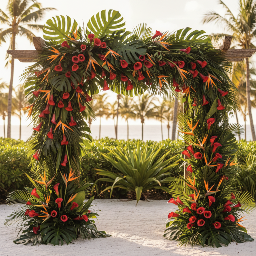Cherry red black edge artificial calla lily stems nestled in tropical wedding arch with monstera leaves and bird of paradise flowers
