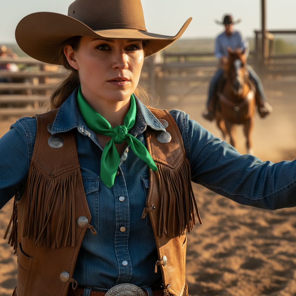 Woman wearing emerald green wild rag scarf at summer rodeo event