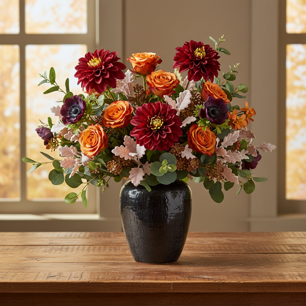 Burgundy dahlia stems mixed with burnt orange roses, plum anemones and eucalyptus in dark ceramic vase fall arrangement