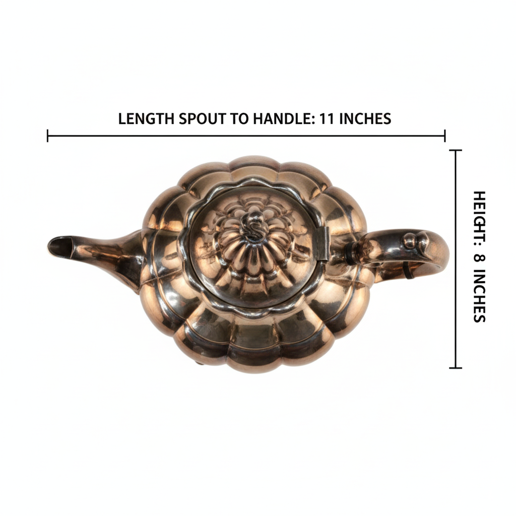 Measurement diagram of vintage Reed & Barton teapot showing height 8 inches, length spout to handle 11 inches