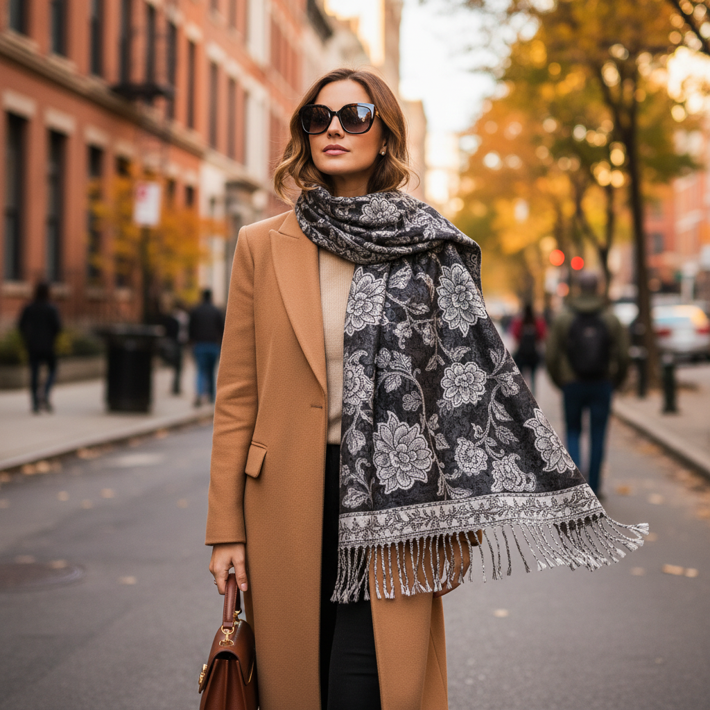 Woman wearing black white silver paisley jacquard fringe shawl layered over camel coat on city street autumn street style