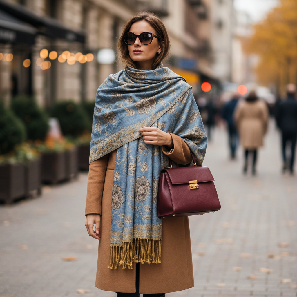 Woman wearing denim blue gold paisley jacquard fringe shawl layered over camel coat on city street autumn street style