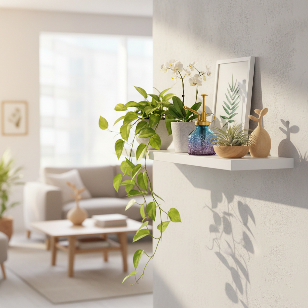 Blue purple gradient glass plant mister on modern white floating shelf with potted orchids, trailing pothos, and air plants in contemporary home