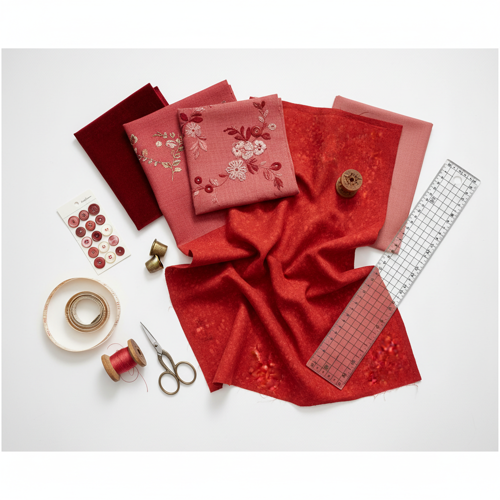 Flat lay of red tone-on-tone Hoffman fabric with coordinating swatches and sewing notions on white surface