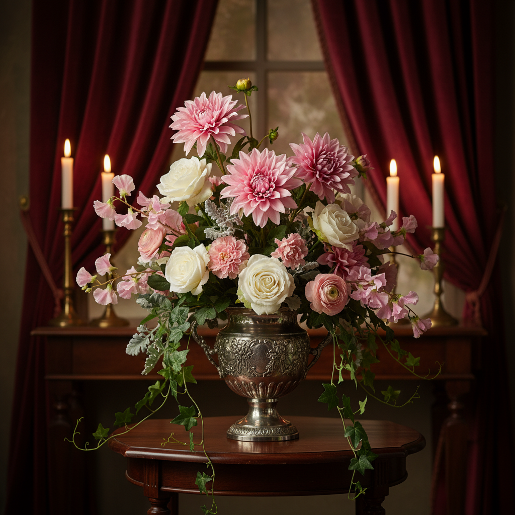 Victorian style floral arrangement with soft pink dahlia blooms in ornate antique silver urn with roses and candlelit interior