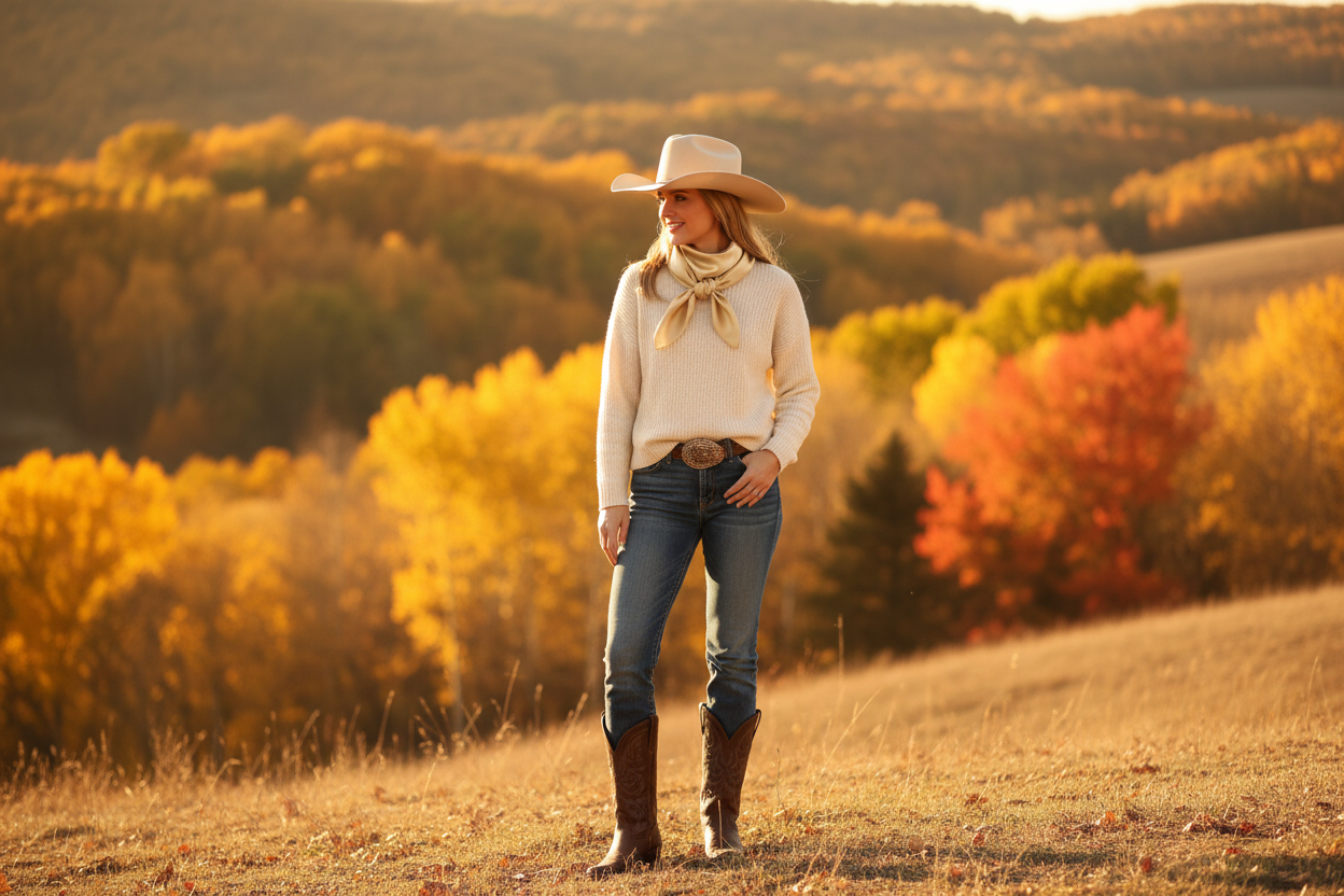 Champagne wild rag at fall ranch with autumn foliage, cream sweater and denim