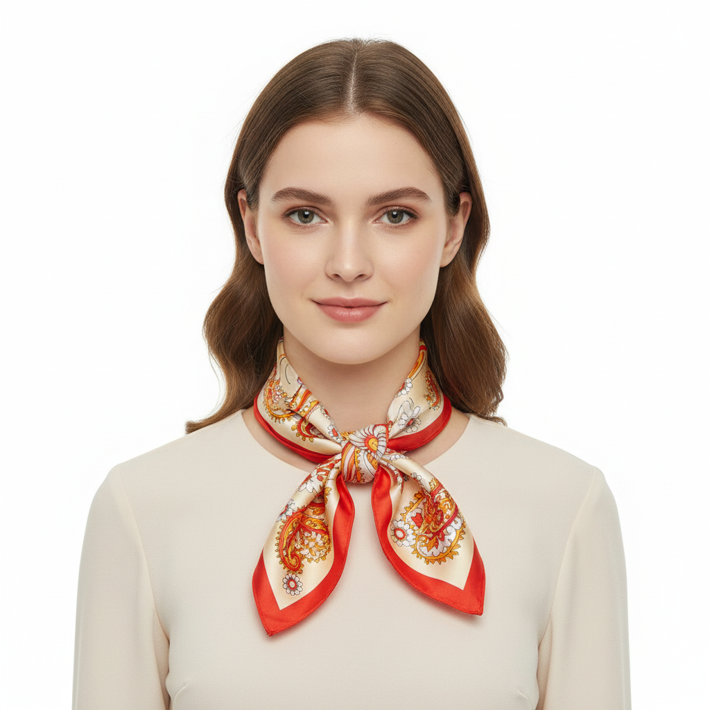Woman wearing red paisley satin square scarf tied around neck as classic vintage neck scarf