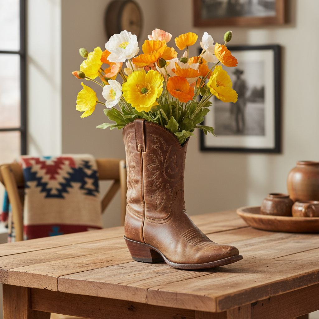 Creative western style arrangement of silk poppy bouquet in yellow, orange and peach displayed in vintage brown leather cowboy boot vase
