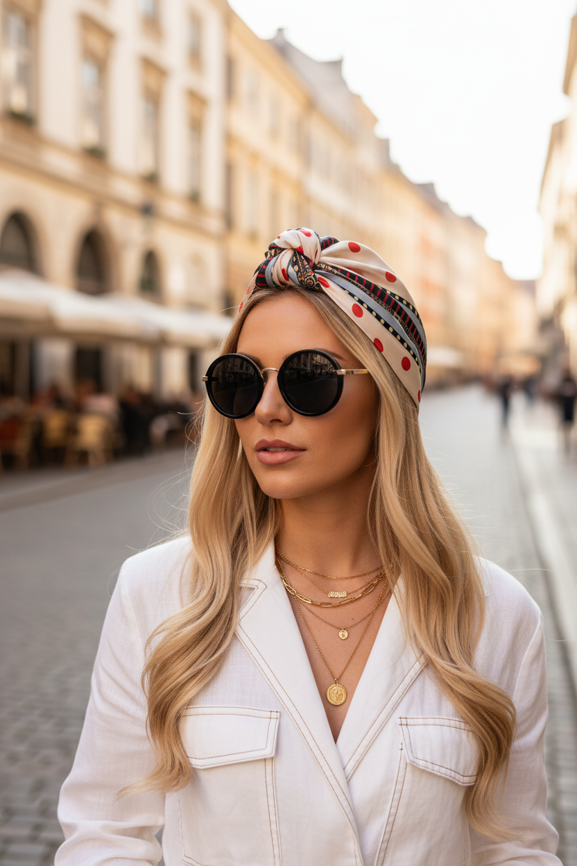 Woman with light skin long blonde hair wearing cream red polka dot satin square scarf as head wrap oversized sunglasses white linen travel outfit European street background 20x20