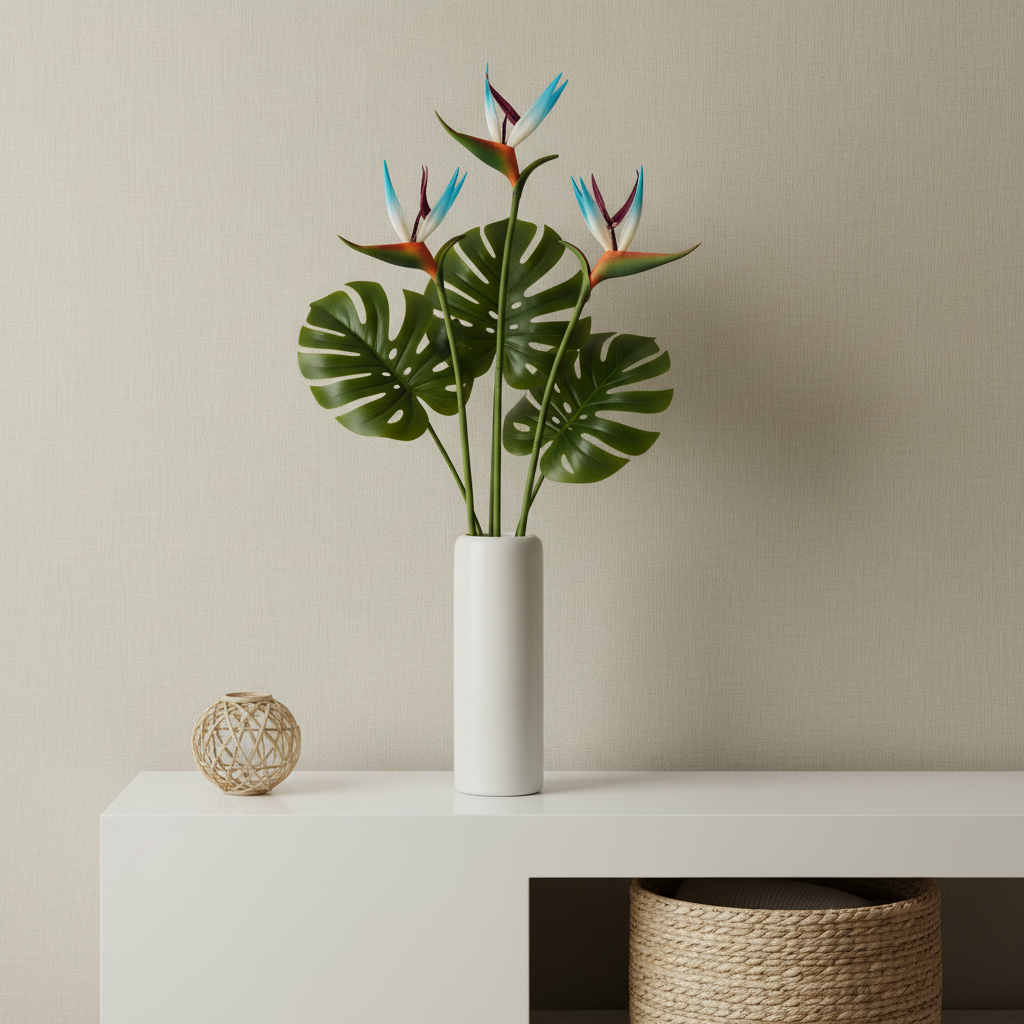 Three faux Bird of Paradise stems in a tall modern white ceramic vase on a console table with monstera leaves, rattan decor and woven basket in a clean modern interior