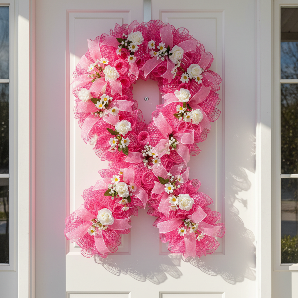 Awareness ribbon wreath form decorated with pink deco mesh, ribbon, and white flowers for breast cancer awareness hanging on white door