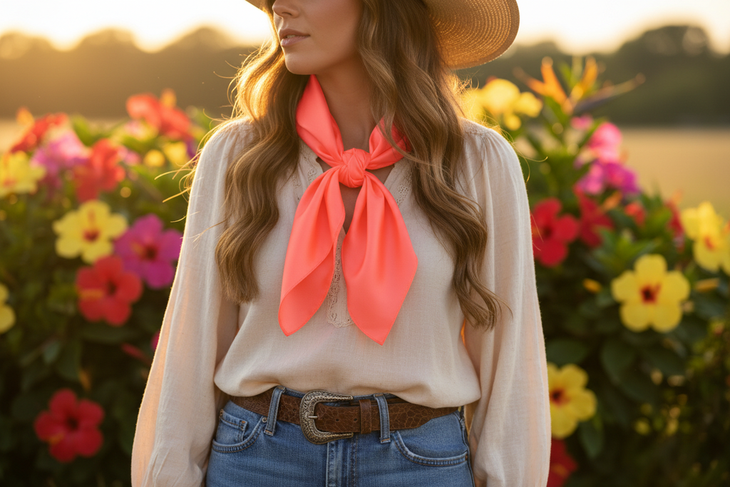 Coral wild rag tied elegantly at summer outdoor event with tropical flowers and light blouse
