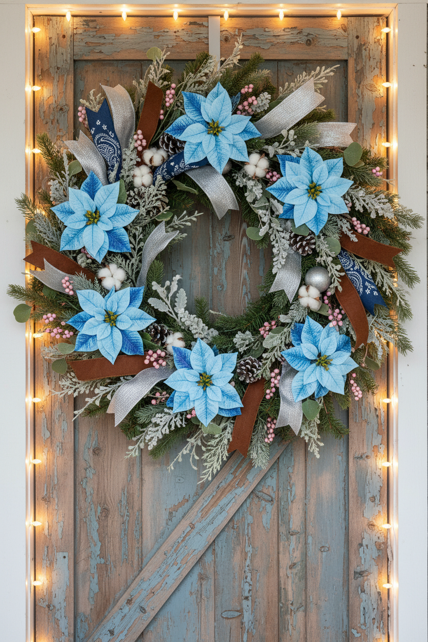 Large western-style Christmas wreath with icy blue poinsettia blooms, silver ribbon, dried cotton stems, pine, and frosted eucalyptus hanging on a rustic weathered wood door