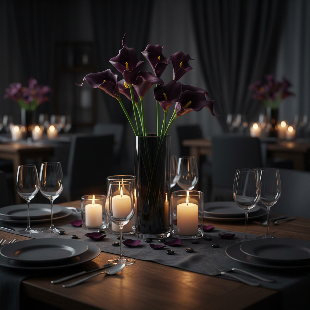 Dramatic eggplant purple faux calla lily stems in dark glass vase with candlelight, elegant moody wedding centerpiece