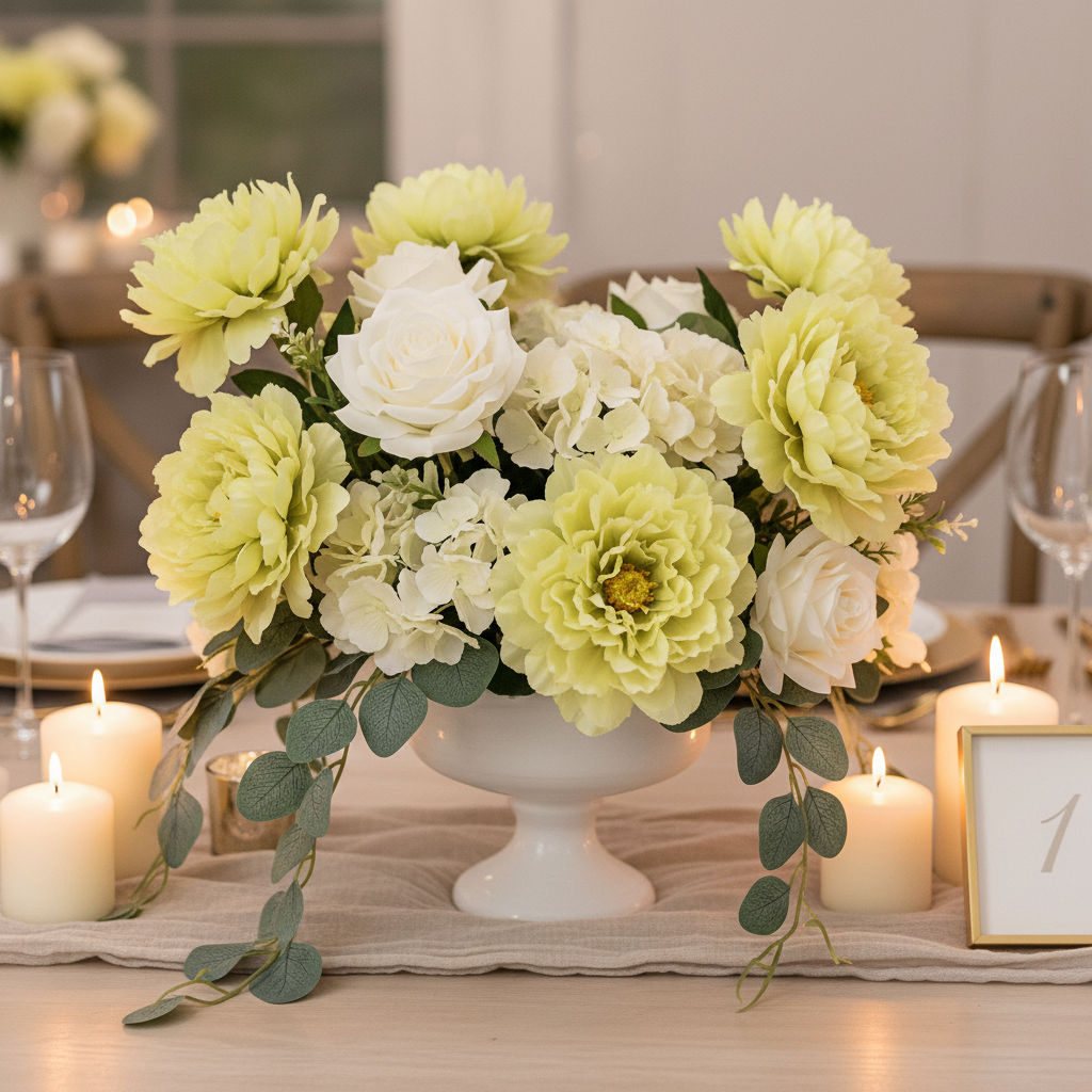 Yellow-green artificial peony blooms mixed with white roses cream hydrangeas and eucalyptus in elegant wedding table centerpiece