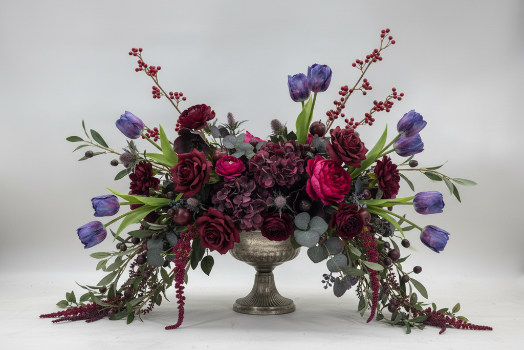 Purple Real Touch artificial tulip bouquet with 6 stems in a dramatic cascading fall arrangement in an antique pewter footed urn with deep burgundy roses, wine ranunculus, dark plum hydrangeas, magenta peonies, seeded eucalyptus, trailing amaranthus, and berry branches in a moody rich fall color palette